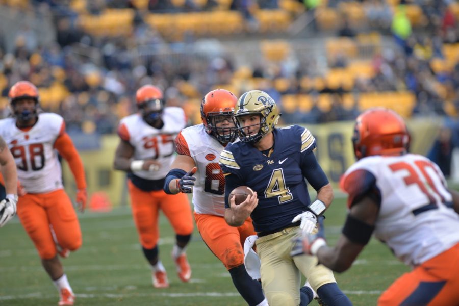 Pitt QB Nathan Peterman ran for 79 yards and a touchdown on six carries to go with 251 passing yards and four passing scores in a 76-61 win. Steve Rotstein | Contributing Editor