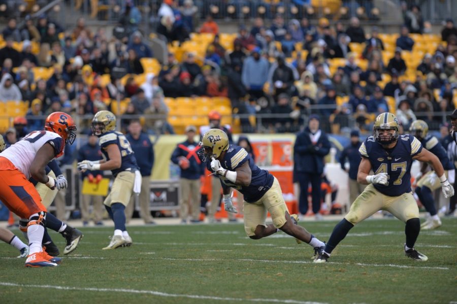 Pitt defensive end Ejuan Price (5) and linebacker Matt Galambos (47) each played the final home game of their college careers at Heinz Field Saturday. Steve Rotstein | Contributing Editor