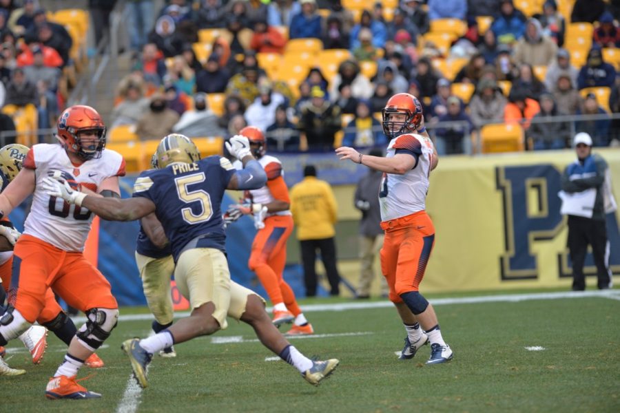 Pitt sixth-year senior defensive end Ejuan Price (5) notched his 12th sack of the season against Syracuse, giving him back-to-back seasons with double-digit sacks. Steve Rotstein | Contributing Editor