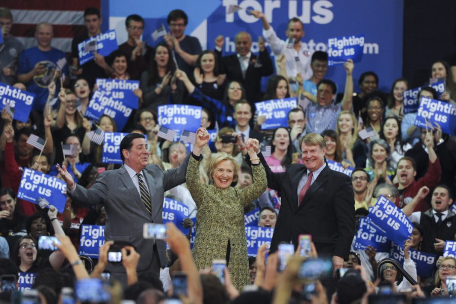 During the Democratic primaries, Hillary Clinton held her first rally in Pittsburgh at Carnagie Mellon. She was joined by Mayor Bill Peduto (left) and Allegheny County Execuative Rich Fitzgerald (right). John Hamilton | Senior Staff Photographer