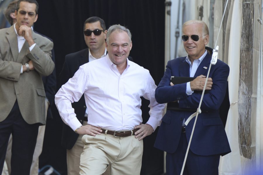 Vice President Job Biden and Vice Presidential candidate Tim Kaine wait backstage before speaking at the Pittsburgh Labor Day Parade. Stephen Caruso | Senior Staff Photographer