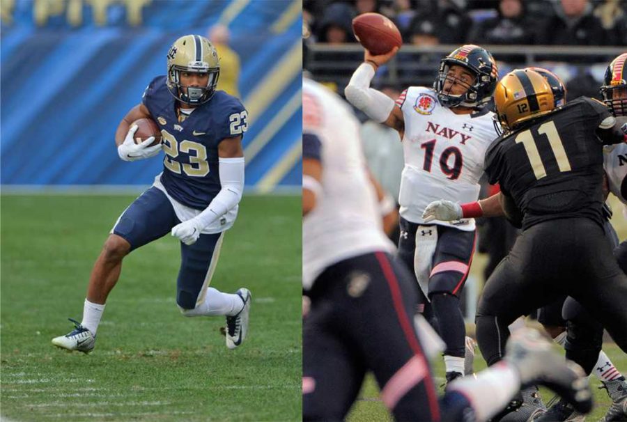 Pitt will face the Navy in the Military Bowl on December 28.  Left:  Wenhao Wu | Staff Photographer,  Right: Karl Merton Ferron/Baltimore Sun/TNS