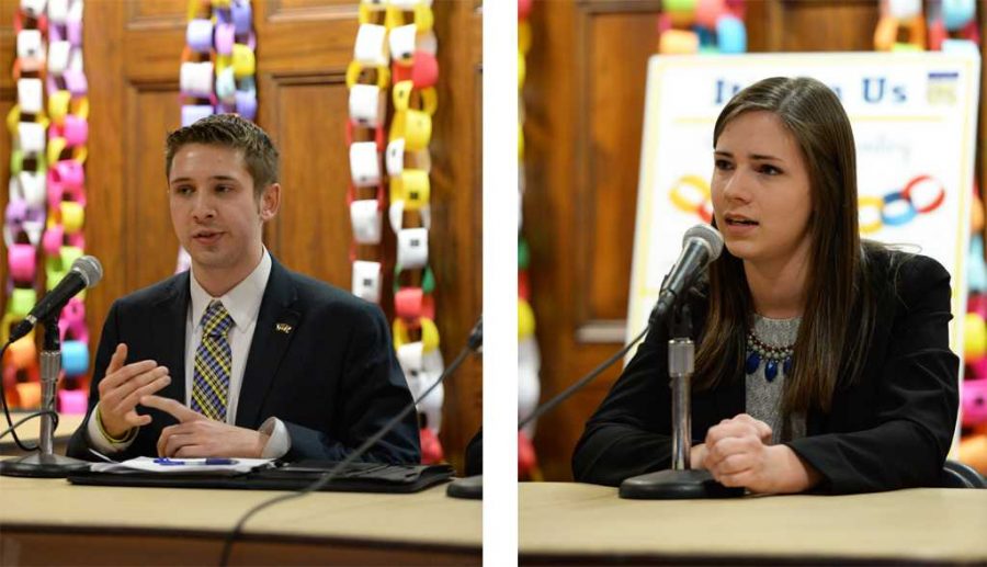 Matt Sykes and Natalie Dall participated in the SGB debate Monday night in Nordys Place.  John Hamilton | Staff Photographer