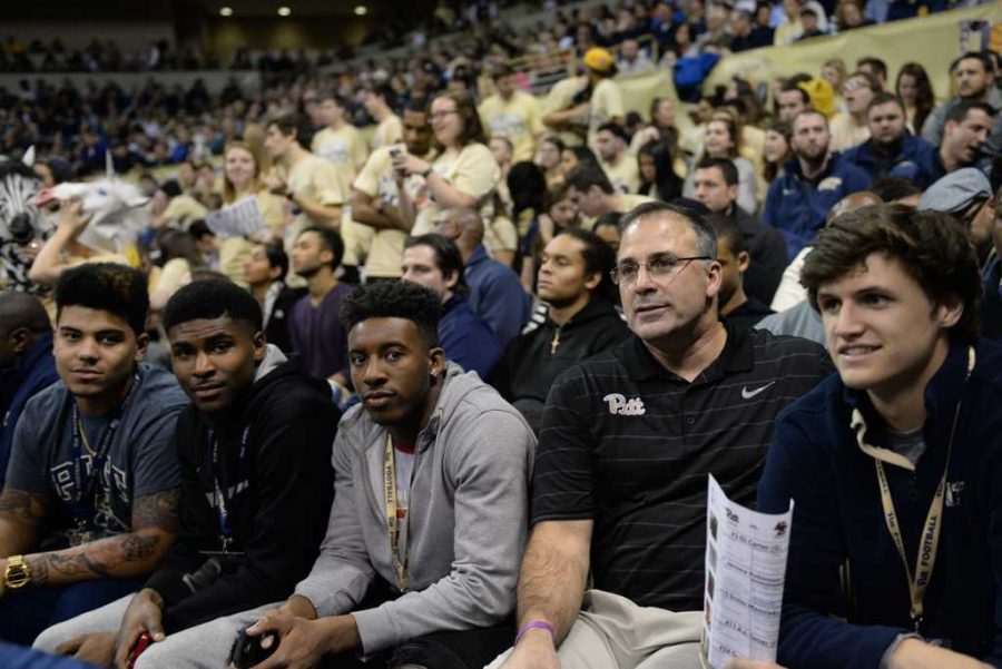 Pitt football recruits sit with Coach Narduzzi at a recent basketball game.  Jeff Ahearn | Assistant Visual Editor