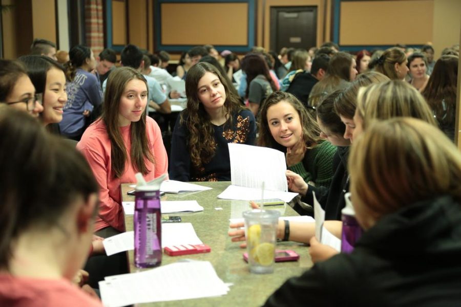 Students work on a group activity at the ZBT and SDT Safe Smart Dating event.  Nikki Moriello | Senior Staff Photographer