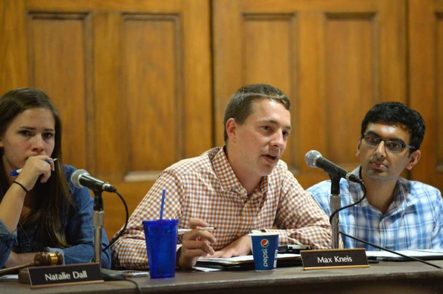 Max Kneis discusses finances at Tuesdays Student Government Board meeting. | William Miller, Senior staff Photographer