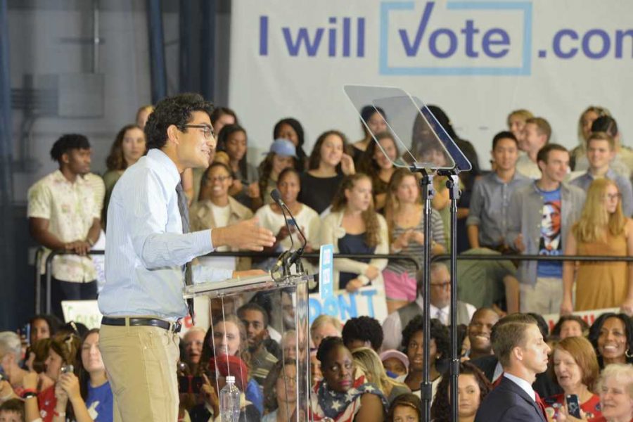 Saket Rajprohat addressing the crowd gathered for First Lady Michelle Obamas speech.  | Elaina Zachos, Visual Editor