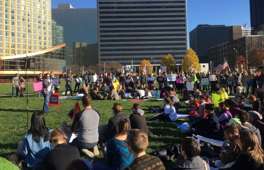 A crowd gathered at Point State Park on Sunday afternoon to peacefully protest the election of President-Elect Donald Trump | Lexi Kennell, Staff Writer