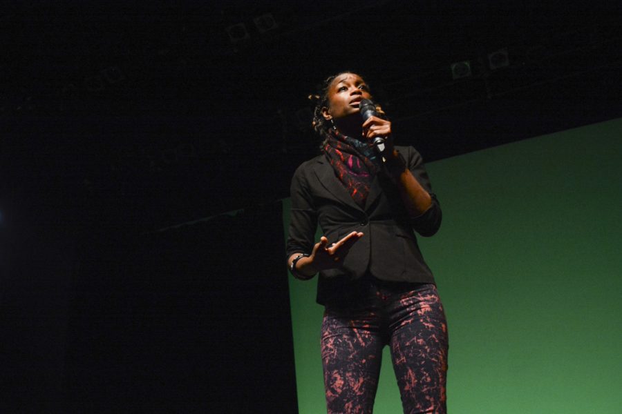 Writer, singer, and social activist YahNe Ndgo took the place of a sick Jill Stein as the headline speaker at an event at the Kelly Strayhorn Theater on Tuesday night | Stephen Caruso, Senior Staff Photographer