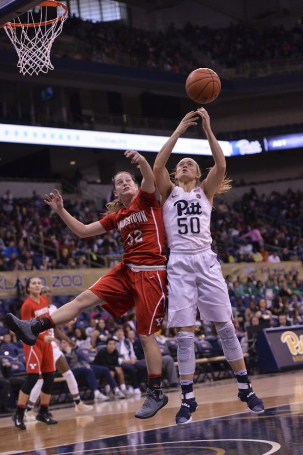 Pitt sophomore forward Brenna Wise (50) led the Panthers with 18 points in a 94-48 win over Slippery Rock on Wednesday. Abigail Self | Staff Photographer 