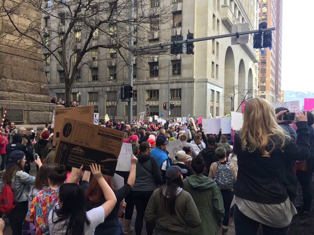 Women gather in Downton Pittsburgh for one of two marches taking place in the city. Jordan Model | Contributing Editor