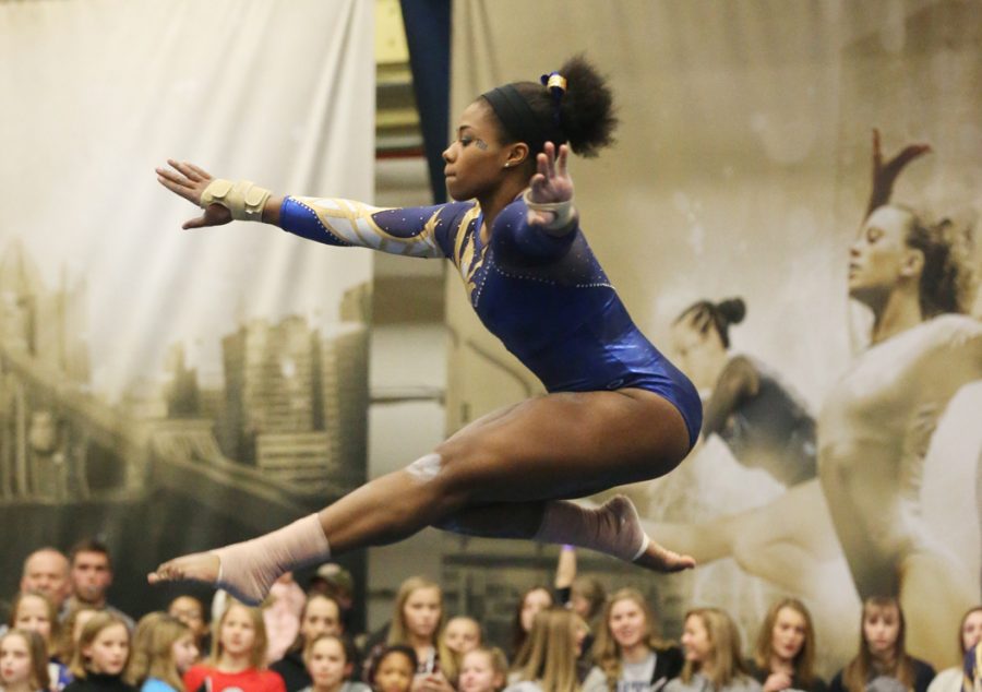 Pitt senior Tracey Pearson took second place in the all-around at the Panthers season-opening meet against Ohio State. Courtesy of Charles LeClaire|Pitt Athletics