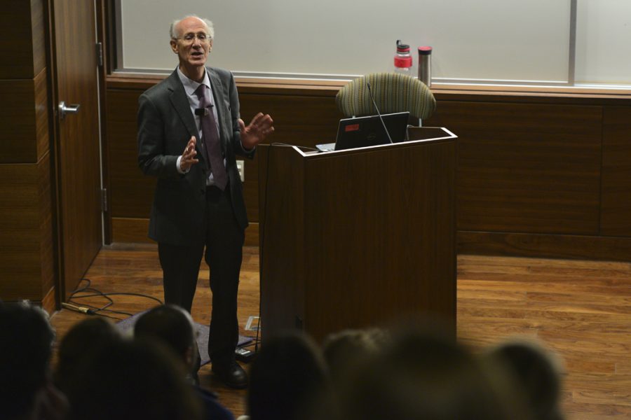 Peter Salk spoke to a crowd of 150 people on Wednesday evening at the University of Pittsburgh’s Graduate School of Public Health. Evan Meng | Staff Photographer