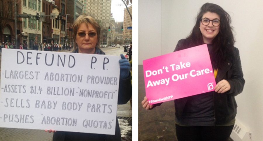 Pauline Donnelly, 63, and Elizabeth Wozniak, 25, rallied against and for Planned Parenthood, respectively. Alexis Carter | Staff Writer