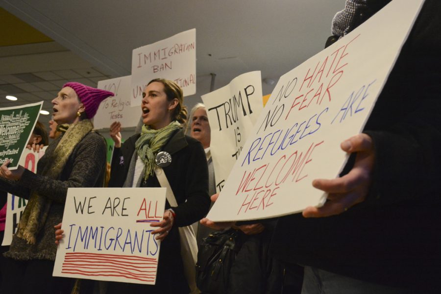 People gather at Pittsburgh International Airport to protest President Trumps executive order restricting immigrants from seven majority muslim nations from coming to the United States for 90 days. Stephen Caruso | Online Visual Editor