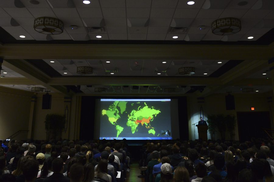 Snowden shows the audience a heatmap displaying levels of NSA surveillance worldwide. He noted that the United States is under more surveillance than Russia. John Hamilton | Visual Editor