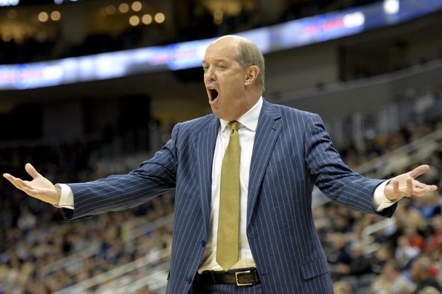 Pitt head coach Kevin Stallings complains about a call during Pitt's loss to Duquesne in the City Game. John Hamilton | Visual Editor