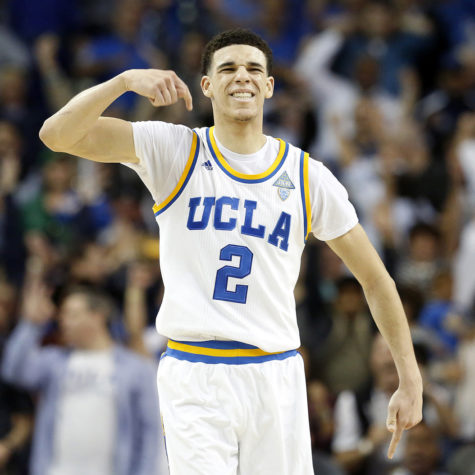 UCLA's Lonzo Ball (2) celebrates after hitting a 3-point basket late in the second half against Oregon at Pauley Pavilion in Los Angeles on Thursday, Feb. 9, 2017. UCLA won, 82-79. (Gary Coronado/Los Angeles Times/TNS)