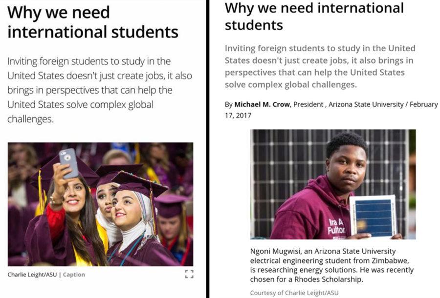 Left: The screenshot Nshwah Alabbadi posted on Feb. 18. Right: The updated article on Mar. 1. Screenshots from csmonitor.com