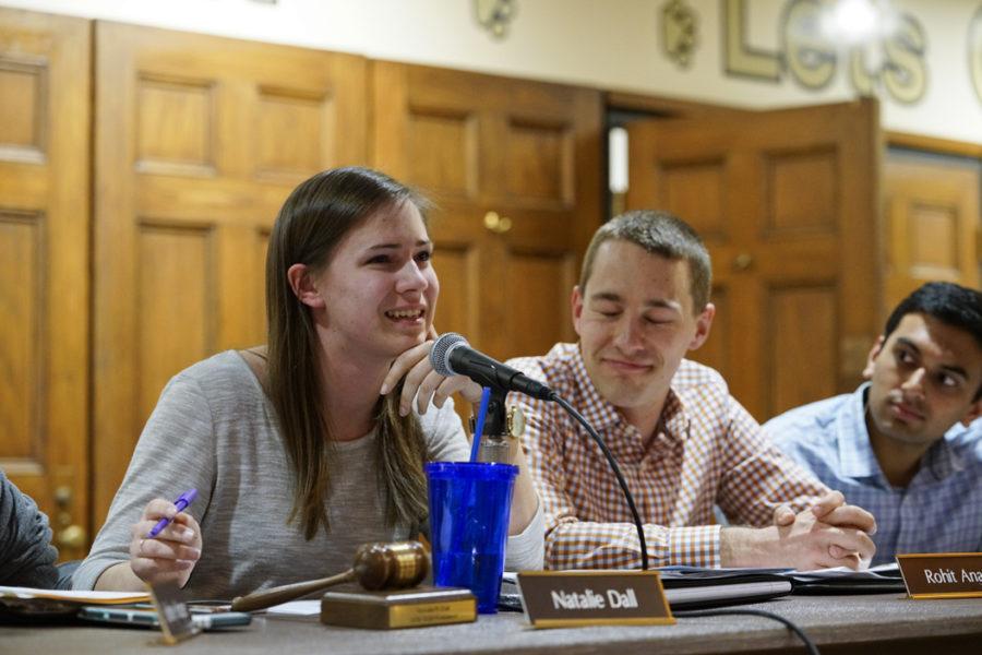 Natalie Dall speaks during her last meeting as SGB president on Tuesday night. Li Yi | Staff Photographer