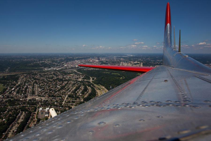 The Madras Maiden, one of the last remaining B-17 bombers, flies back to the Allegheny County Airport during a media flight Monday. (Photo by John Hamilton | Editor-in-Chief)