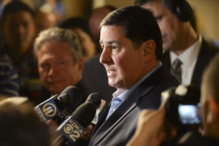 Mayor Bill Peduto speaks to press after delivering a speech following his victory in Democratic primary in May. (Photo by Anna Bongardino | Visual Editor)