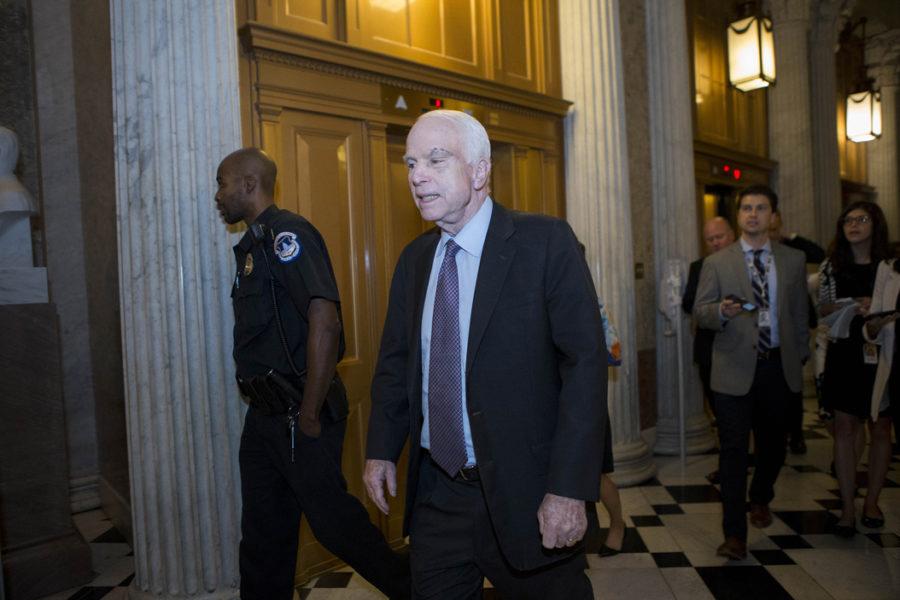 Sen. John McCain (R-Ariz.) walks to the senate chamber on July 28, 2017 before voting against the Skinny Repeal bill, which would have repealed the Affordable Care Act. (Alex Edelman/Zuma Press/TNS)