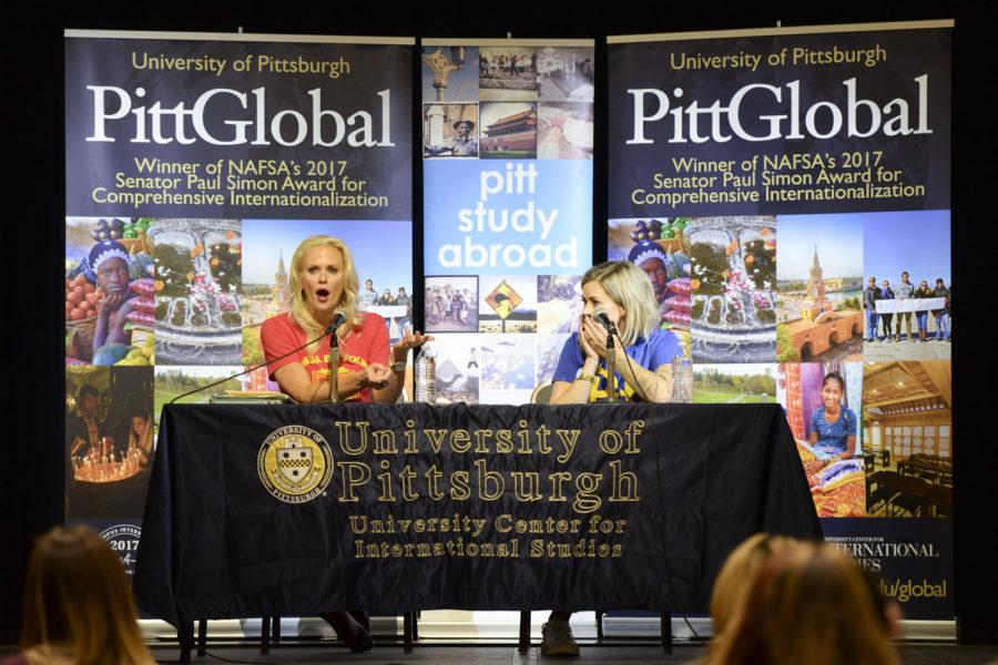 Susie Meister (left) and Sarah Rice — hosts of the ‘Brain Candy’ podcast — spoke to a crowd of more than 70 people Monday as guests of Pitt’s International Week. (Photo by Issi Glatts | Staff Photographer)