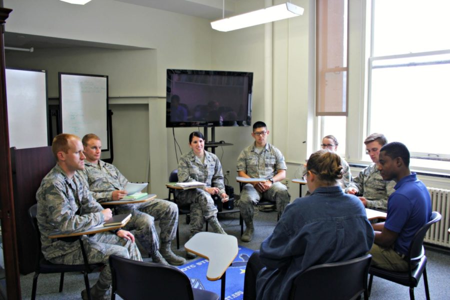 Pitt Air Force ROTC students talk with their commander,  Lt. Col. Diana Bishop, on the 29th floor of the Cathedral. (Courtesy of Jayson Baloy)