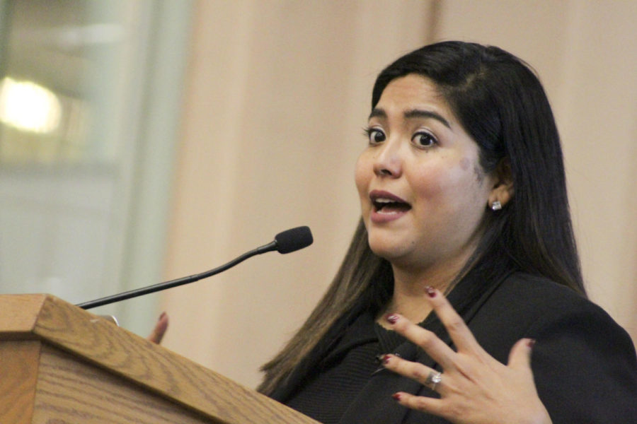 Author Julissa Arce shares her story about the American Dream Thursday as part of Pitt’s International Week. (Photo by Hari Iyer | Staff Photographer)