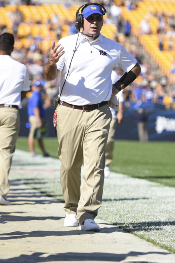 Head coach Pat Narduzzi paces the sidelines during Pitt’s 35-17 loss to NC State Saturday. (Photo by Anna Bongardino | Assistant Visual Editor)