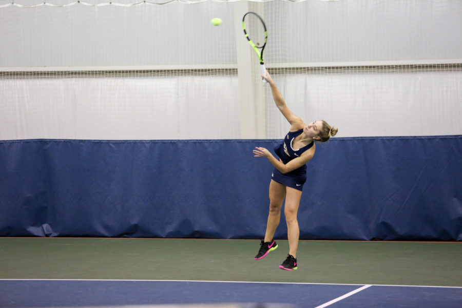 Senior Callie Frey is 4-2 in singles matches and 5-3 in doubles matches this season. (Photo courtesy of Pitt Athletics)
