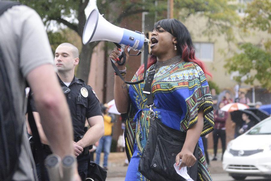 Local activist Ciora Thomas led the Trans Liberation counter protest against Westboro Baptist Church at CMU Thursday. (Photo by Sarah Cutshall | Staff Photographer)