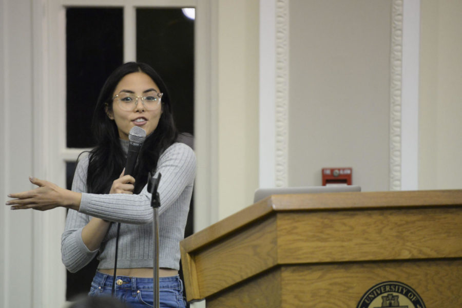 Anna Akana spoke to more than 200 students in the William Pitt Union about Asian American representation in entertainment Friday night. (Photo by Issi Glatts | Staff Photographer)