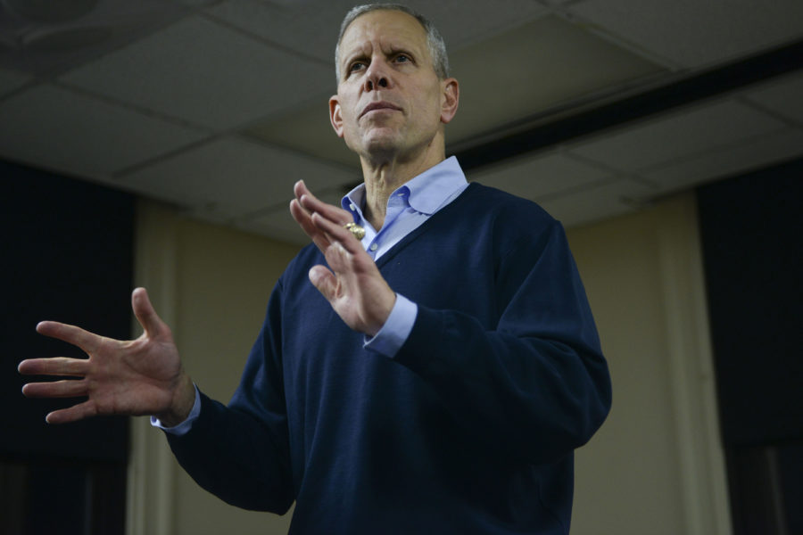 Republican candidate Paul Mango spoke to a crowd of about 40 people in room 837 of the William Pitt Union Monday night about his campaign for Pennsylvania governor. (Photo by Sarah Cutshall | Staff Photographer)