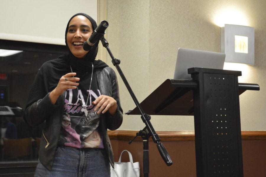 Mariah Idrissi spoke to more than 60 people in the William Pitt Union Saturday about her experience as the first hijab-wearing Muslim model in the world. (Photo by Issi Glatts | Staff Photographer)