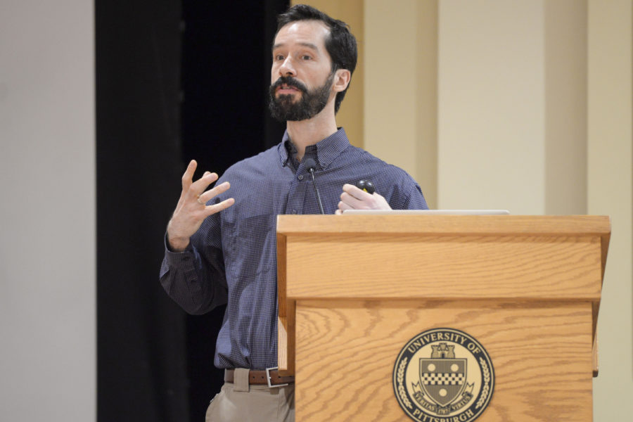 Mark Dixon discussed the hazards of having an ethane cracker plant close to Pittsburgh during a talk in the William Pitt Union Assembly Room Wednesday evening. (Photo by Issi Glatts | Staff Photographer)