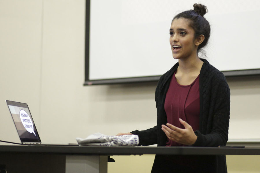 Junior finance major Jocelyn George led a discussion about colorism held by Pitt South Asian Student Association Friday night. (Photo by Thomas Yang | Senior Staff Photographer)