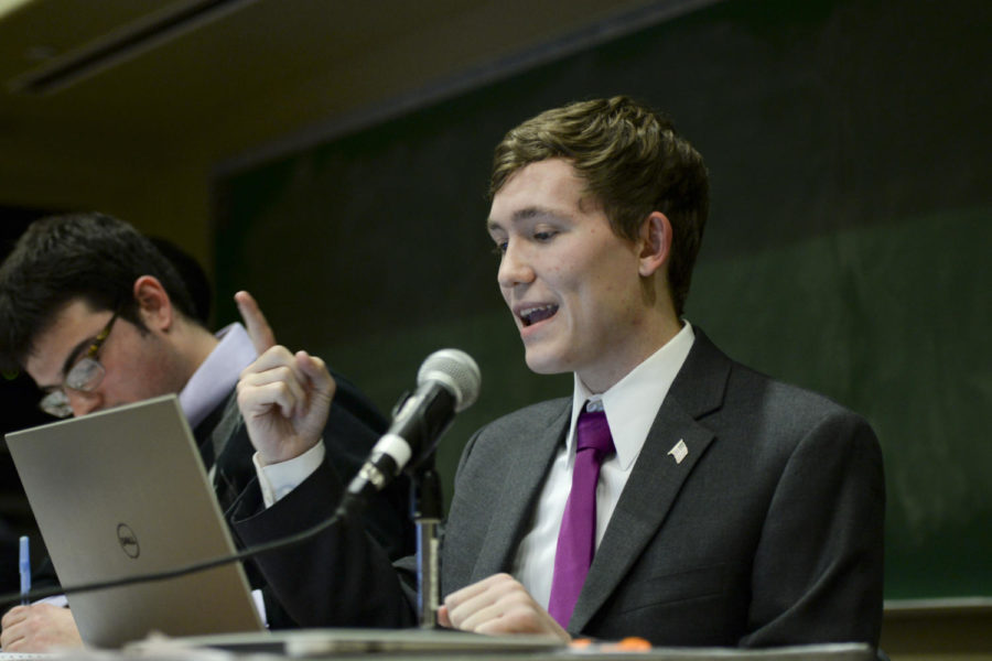 Peter Brath, an economics and political science major, debates for the Pitt College Republicans. (Photo by Sarah Cutshall | Staff Photographer)