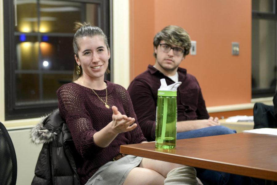 Bridget Duffy (left), a senior double major in English writing and Classics, talked about her affiliation with both the Catholic and Episcopal communities at Rainbow Alliance’s Religious Panel Thursday evening. (Photo by Chiara Rigaud | Staff Photographer)