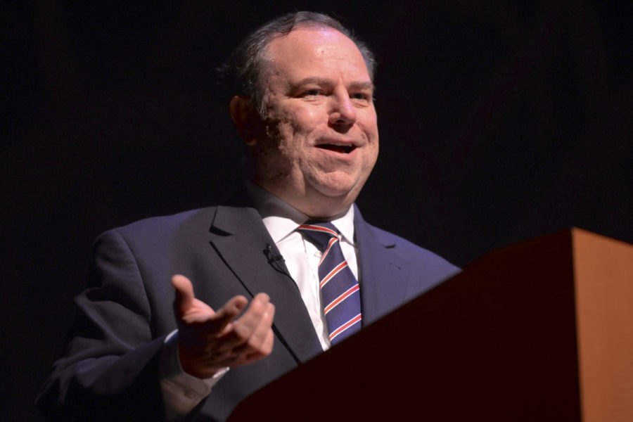 Christopher Ruddy, the CEO of Newsmax Media, spoke about freedom of speech and Trump’s portrayal in the media at the Pittsburgh Playhouse Wednesday night. (Photo by Aaron Schoen | Staff Photographer)