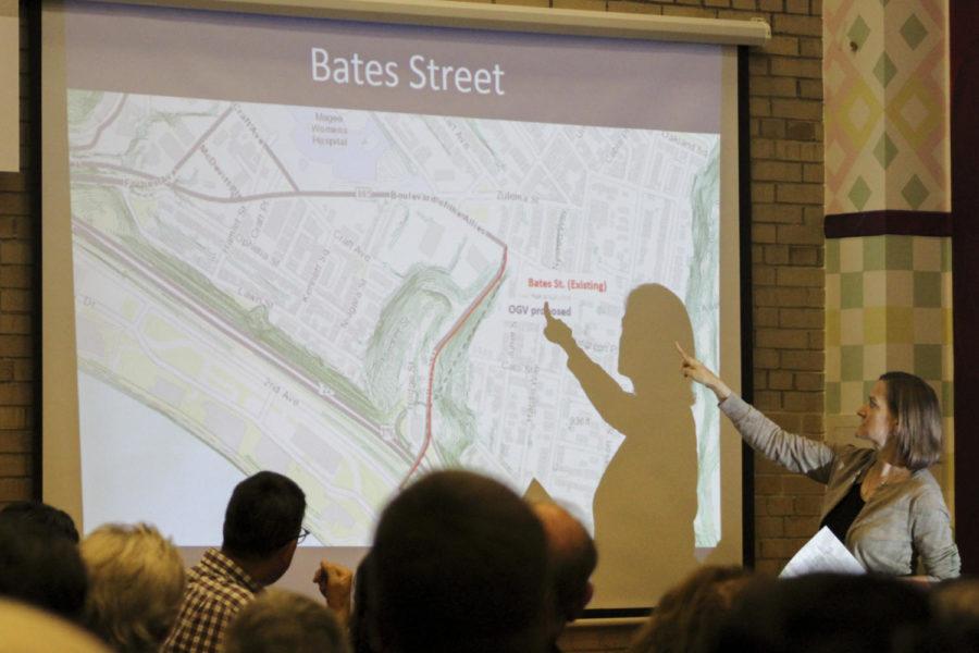 Wanda Wilson, executive director of OPDC, speaks against a proposed development along the Bates Street corridor during a town hall at the Oakland Career Center Thursday evening. (Photo by Hari Iyer | Staff Photographer)