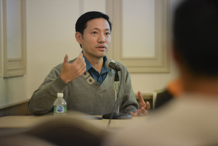 Ashok Gurung, co-founder of the Bhutanese Community Association of Pittsburgh, was one of three panelists in an event Pitt FORGE hosted about refugee mental health. (Photo by Issi Glatts | Staff Photographer)