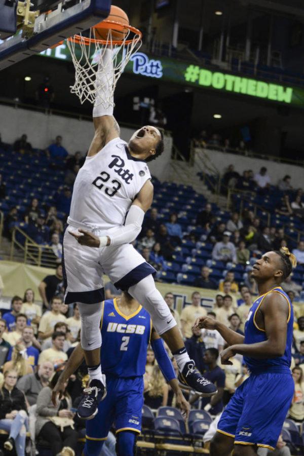 Shamiel Stevenson dunks for Pitt in the last two minutes of the first half against UCSB Wednesday night. (Photo by Anna Bongardino | Assistant Visual Editor) 