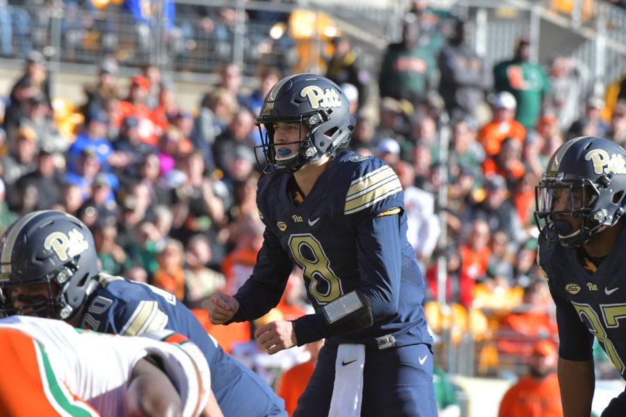 Sophomore quarterback Kenny Pickett ran in two  touchdowns during the Panthers victory over Miami at Heinz Field last year. This year, Pitt lost in a game of ugly offenses. (Photo via Pete Madia/Pitt Athletics)