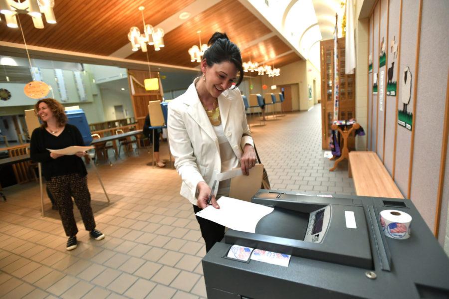 Becky Cunningham casts her ballot at Good Shepherd Catholic Church in State College, Pa., April 26, 2016. (Nabil K. Mark/Centre Daily Times/TNS)
