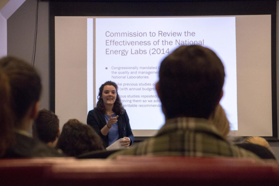Martha Merrill, a recent graduate working in science policy at the national level, speaks to students and community members Tuesday about projects she has worked on that had serious impacts on U.S. policy. (Photo by Christian Snyder | Contributing Editor)