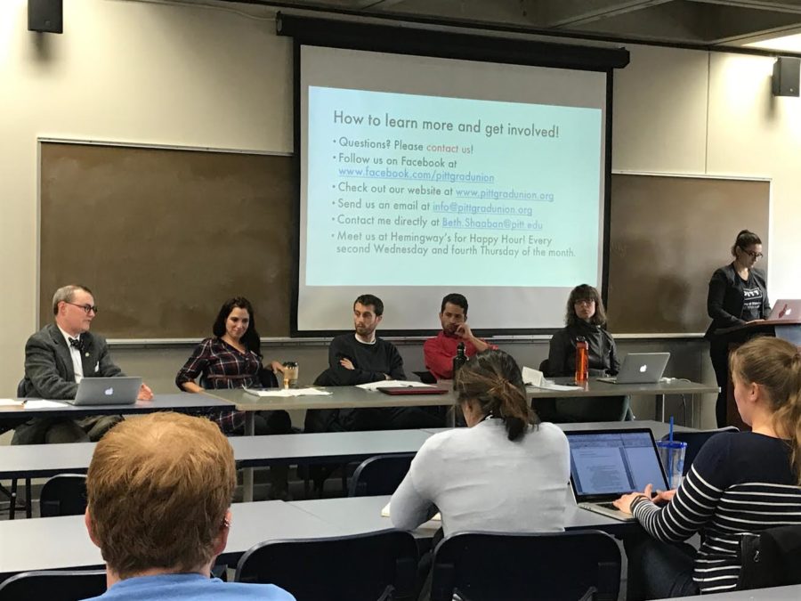 A panel composed of four Pitt graduate students and a United Steelworkers organizer sat on a panel for an event hosted by the Council of Graduate Students in Education Friday night. (Photo courtesy of Remy Samuels)