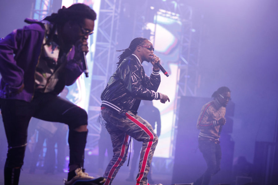 From left, Takeoff, Quavo and Offset, from the group Migos, perform at the Rolling Loud music festival, held Saturday, Dec. 16, 2017 at the National Orange Show Events Center in San Bernardino, California (Jay L. Clendenin/Los Angeles Times/TNS)