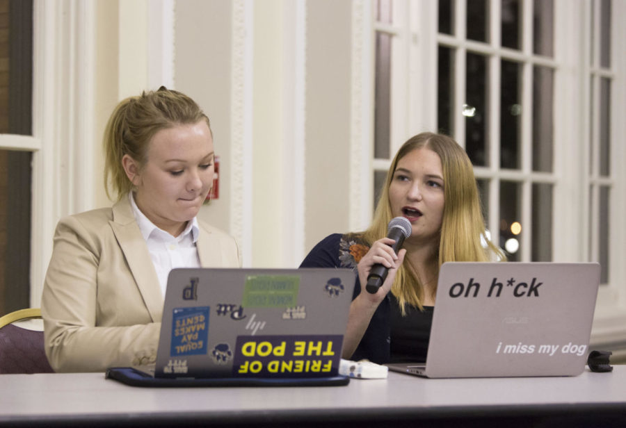 Pitt democrats Grace Dubois (left) and Char Goldbach (right) discuss their vision about healthcare in the U.S. at the Pitt Healthcare Debate on Monday night. (Photo by Thomas Yang | Visual Editor)